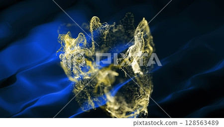 Image of moving glowing lights and waves over black background 128563489