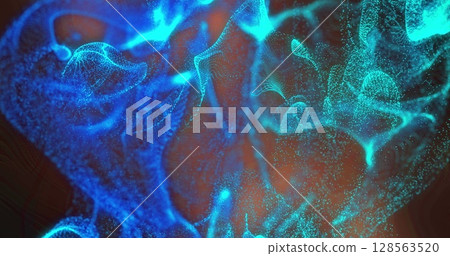 Image of moving glowing lights and waves over black background 128563520