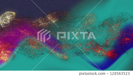 Image of moving glowing lights and waves over colorful background 128563523