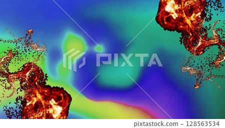 Image of moving glowing lights and waves over colorful background Image of moving glowing lights and waves over colorful background 128563534