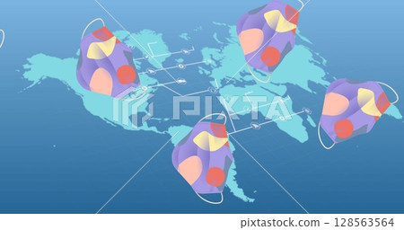 Image of face masks flying over world map Image of face masks flying over world map 128563564
