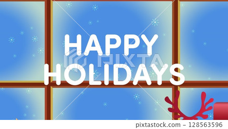 Christmas decorations and window frame against happy holidays text and snowflakes on blue background 128563596