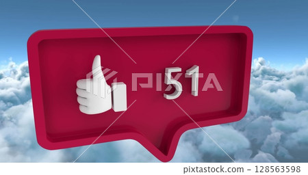 Image of speech bubble with numbers and like icon over clouds 128563598