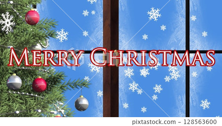 Christmas tree and window frame against merry christmas text and snowflakes on blue background Christmas tree and window frame against merry christmas text and snowflakes on blue background 128563600