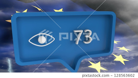 Image of speech bubble with numbers over clouds and flag of european union 128563602