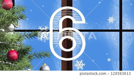 Countdown over christmas tree and window frame against snowflakes floating on blue background Countdown over christmas tree and window frame against snowflakes floating on blue background 128563613