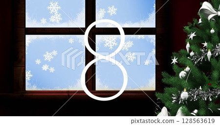 Countdown over christmas tree and window frame against snowflakes floating on blue background 128563619