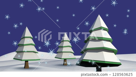Multiple stars falling over trees on winter landscape against blue background 128563625