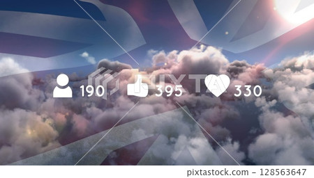 Image of social media icons with numbers over clouds and flag of united kingdom Image of social media icons with numbers over clouds and flag of united kingdom 128563647