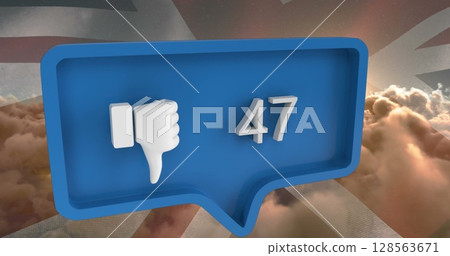 Image of speech bubble with numbers and unlike icon over clouds and flag of united kingdom Image of speech bubble with numbers and unlike icon over clouds and flag of united kingdom 128563671