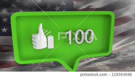 Image of speech bubble with numbers and like icon over clouds and flag of usa 128563696