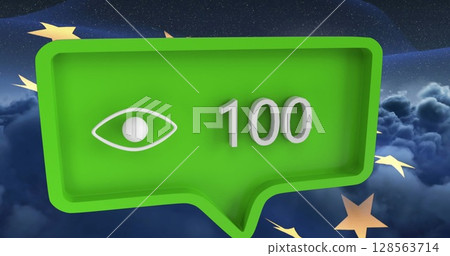 Image of speech bubble over clouds and flag of european union 128563714