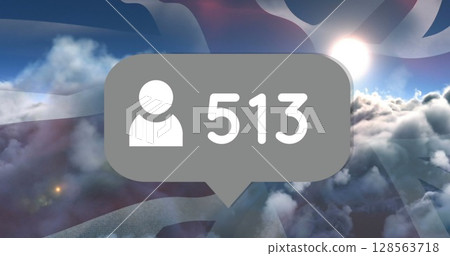 Image of speech bubble with numbers over clouds and flag of united kingdom 128563718