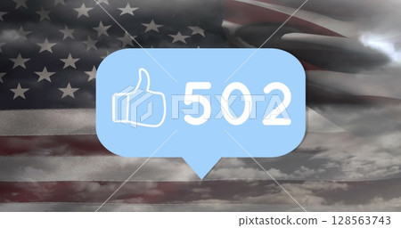 Image of speech bubble with numbers and like icon over clouds and flag of usa 128563743