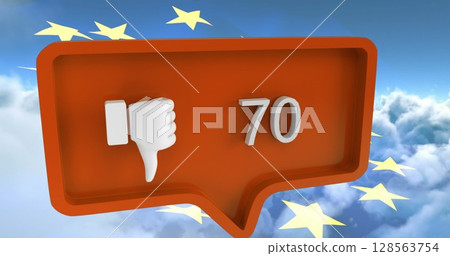 Image of speech bubble with numbers and unlike icon over clouds and flag of european union Image of speech bubble with numbers and unlike icon over clouds and flag of european union 128563754