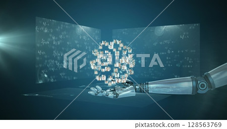 Globe of network of businesspeople over robotic hand against screens with mathematical equations 128563769