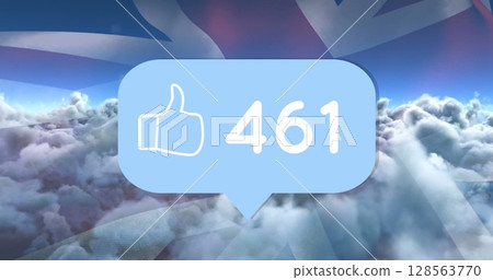 Image of speech bubble with numbers and like icon over clouds and flag of united kingdom 128563770