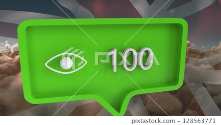 Image of speech bubble with numbers over clouds and flag of united kingdom Image of speech bubble with numbers over clouds and flag of united kingdom 128563771