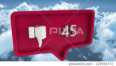 Image of speech bubble with numbers and unlike icon over clouds 128563772