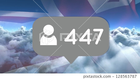 Image of speech bubble with numbers over clouds and flag of united kingdom Image of speech bubble with numbers over clouds and flag of united kingdom 128563787