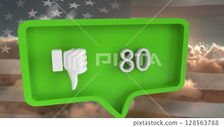Image of speech bubble with numbers and unlike icon over clouds and flag of usa Image of speech bubble with numbers and unlike icon over clouds and flag of usa 128563788