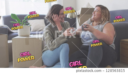 Image of girl power text over two woman drinking coffee 128563815