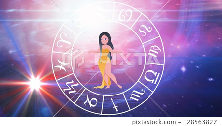 Image of libra star sign with horoscope wheel spinning over stars on blue to purple background Image of libra star sign with horoscope wheel spinning over stars on blue to purple background 128563827