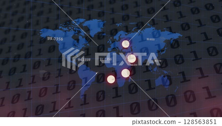 Image of loading circles icons and binary coding, numbers changing over world map 128563851