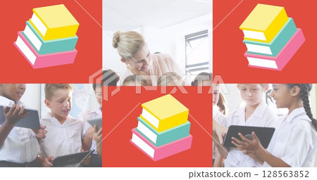 Image of school books and graduation hats over school children using tablet and red squares 128563852