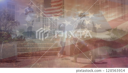 Image of flag of usa over african american soldier coming back home Image of flag of usa over african american soldier coming back home 128563914