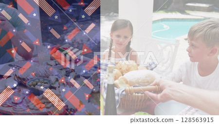 Image of little flags of usa over caucasian family eating in garden 128563915