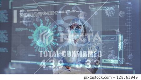 Image of biohazard icon, virus cells, digital interface over male doctor wearing face mask Image of biohazard icon, virus cells, digital interface over male doctor wearing face mask 128563949