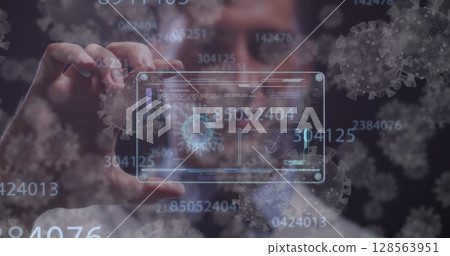 Image of data processing, virus cells, digital interface over male doctor wearing face mask Image of data processing, virus cells, digital interface over male doctor wearing face mask 128563951