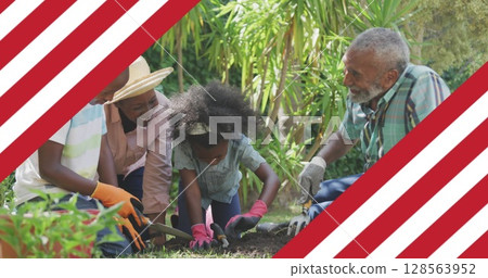 Image of american flag over smiling family working in garden Image of american flag over smiling family working in garden 128563952