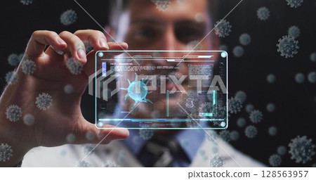 Image of virus cells and digital interface over male doctor Image of virus cells and digital interface over male doctor 128563957