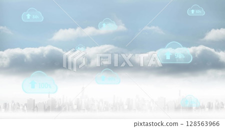 Image of digital clouds with percent going up over cityscape Image of digital clouds with percent going up over cityscape 128563966