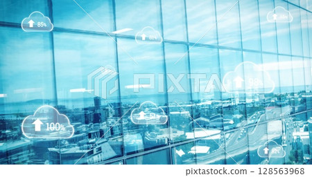 Image of digital clouds with percent going up over cityscape Image of digital clouds with percent going up over cityscape 128563968