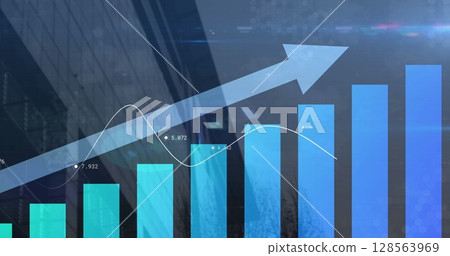 Image of blue arrow with statistics processing over cityscape Image of blue arrow with statistics processing over cityscape 128563969