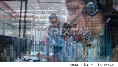 Image of statistics and data processing over business people using phone headsets 128563980