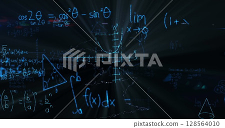 Image of lightning over mathematical equations on blackboard Image of lightning over mathematical equations on blackboard 128564010