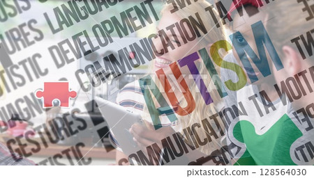 Image of colourful puzzle pieces and autism text over business people using digital devices 128564030