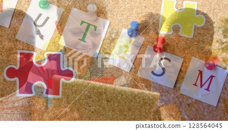 Image of colourful puzzle pieces and autism text over children using tablet 128564045