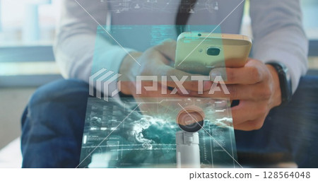 Image of digital screens over man using smartphone 128564048
