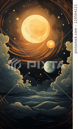 Digital art image of a soft yellow moon shining brightly in the sky. 128564221