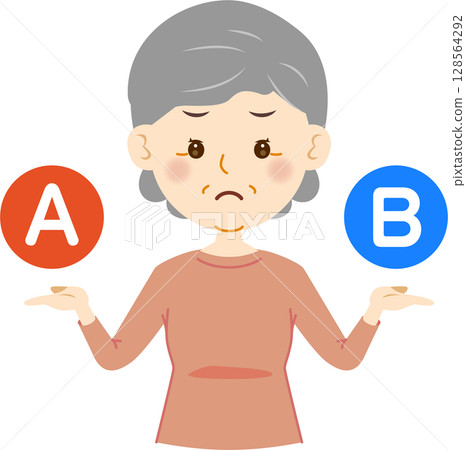 一位老年婦女不知道該在 A 和 B 之間選擇哪一個 一位老年婦女不知道該在 A 和 B 之間選擇哪一個 128564292