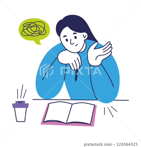 Cartoon vector illustration of confused girl with open notebook, tangled thought bubble. Exam anxiety, creative block, student stress, blank page fear, learning difficulty, education and mental load 128564325