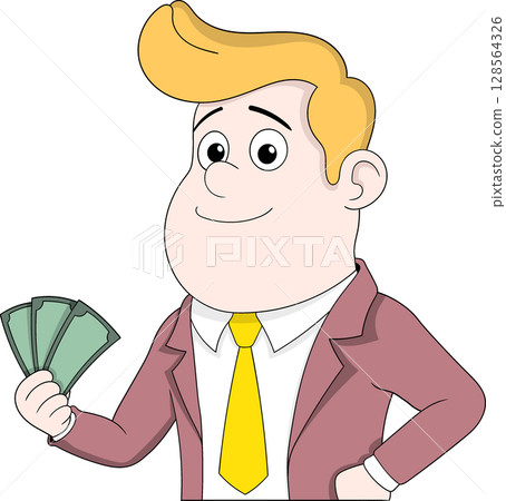 Cartoon Businessman Holding Cash with Confident Smile 128564326