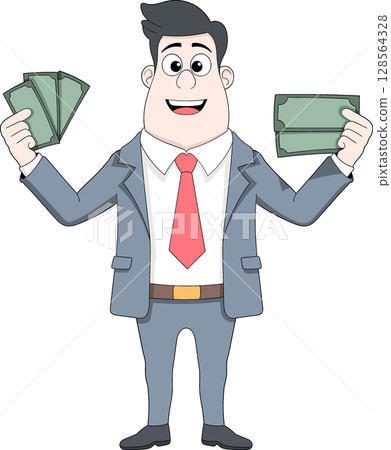 Cartoon Businessman Holding Money in Both Hands Cartoon Businessman Holding Money in Both Hands 128564328