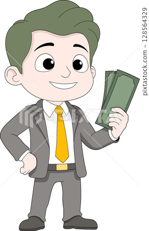 Cartoon Businessman in Gray Suit Holding Cash Cartoon Businessman in Gray Suit Holding Cash 128564329