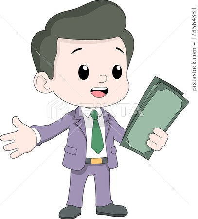 Cute Cartoon Businessman Holding Money with Open Hand Cute Cartoon Businessman Holding Money with Open Hand 128564331